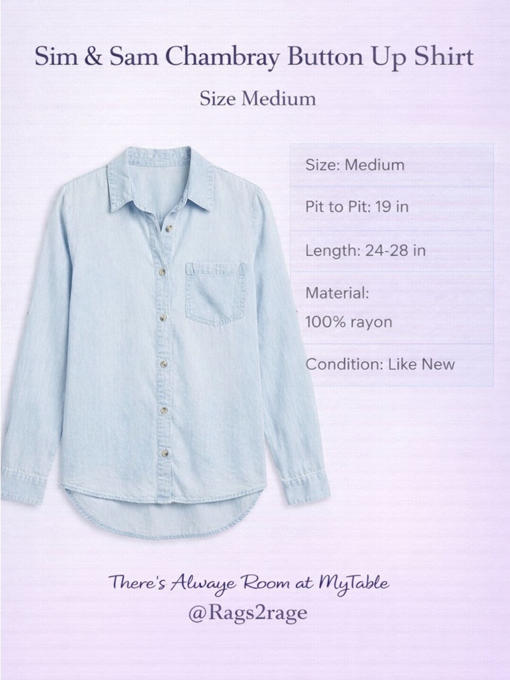 Sim & Sam Chambray Button Up Shirt Medium Blue Lightweight
